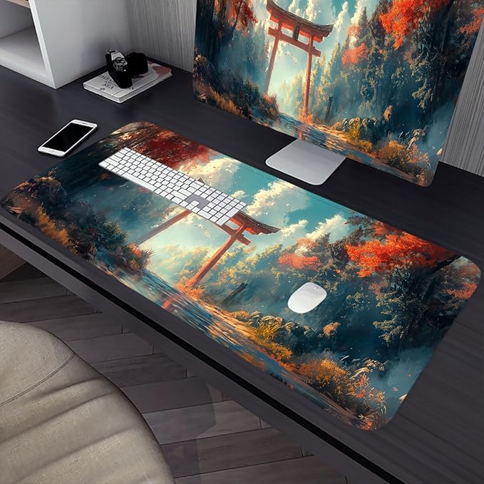 Japanese Torii Anime Desk Mat Cartoon Forest Ancient Clouds Red Mousepad XL Large Gaming Mouse Pad Laptop Keyboard Mat Desk Pad 31.5"x11.8" Office Computer Keyboard Laptop Home