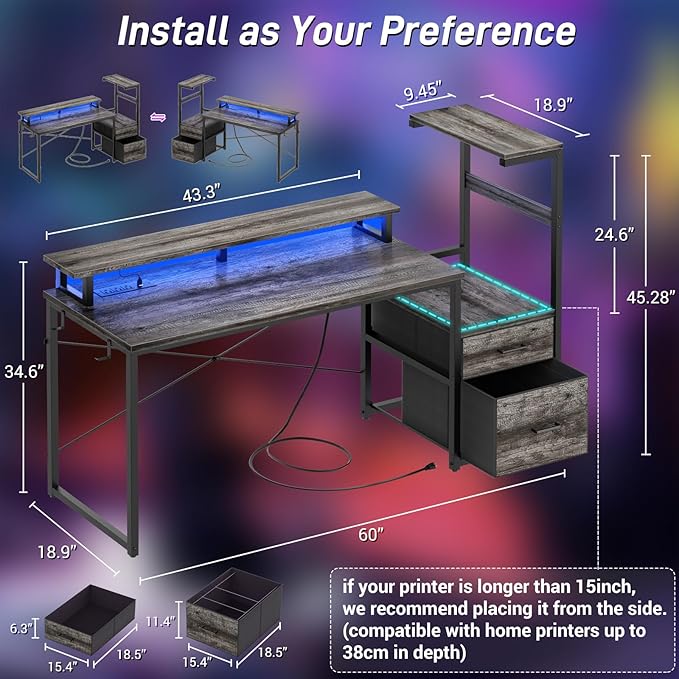 Aheaplus Gaming Desk with LED Strip & Power Outlet, 59Inch Reversible Computer Desk with Monitor Stand & Storage Shelves, Home Office Desks with Fabric File Drawer, Gamer Table PC Desk, Black Oak
