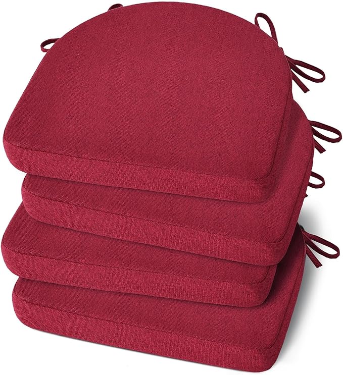 Shinnwa Dining Chair Cushions Set of 4, Non-Slip Kitchen Chair Cushions with Ties and Machine Washable Cover, 4 Pack, 17 x 16.5 x 2in, Wine Red
