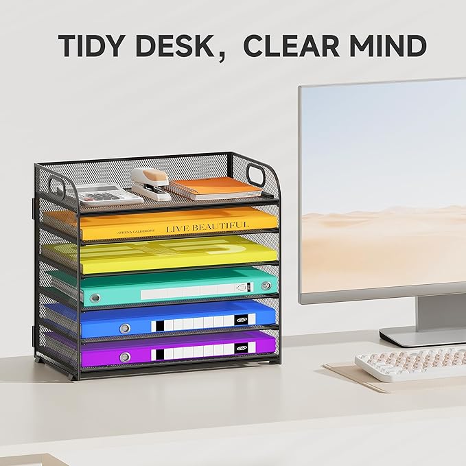 Cawukege 6 Tier Paper Organizer, Black Letter Tray with Handle, Mesh Desk Organizer, Metal File Organizer, Office Desk Accessories for Home, Office, Classroom, School