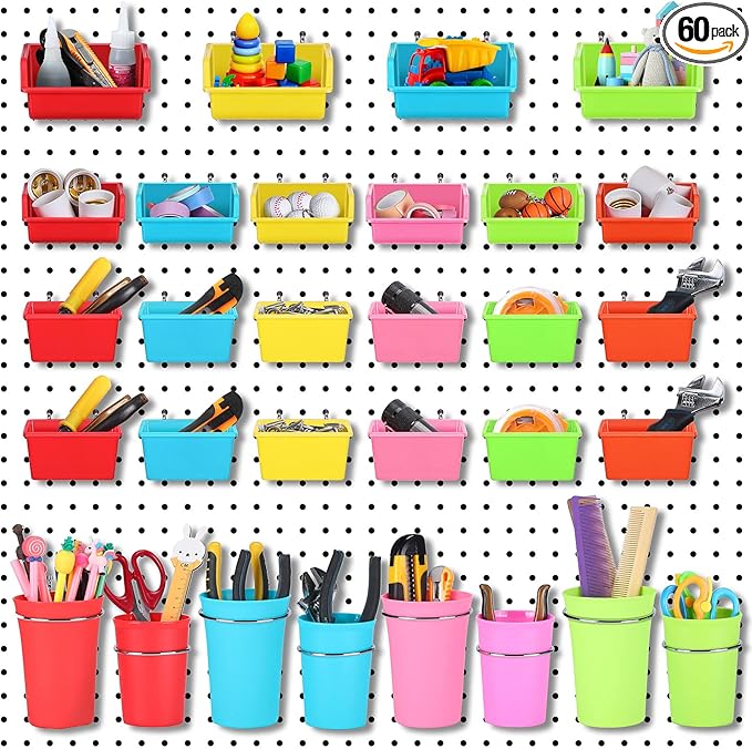 Roowest 60 Pcs Pegboard Cups Pegboard Bins Set, Wall Organizer with Hooks and Loops, Hooks Assortment Organizer Accessory for Office Storage Garage Craft Workshop(Multi Colors)