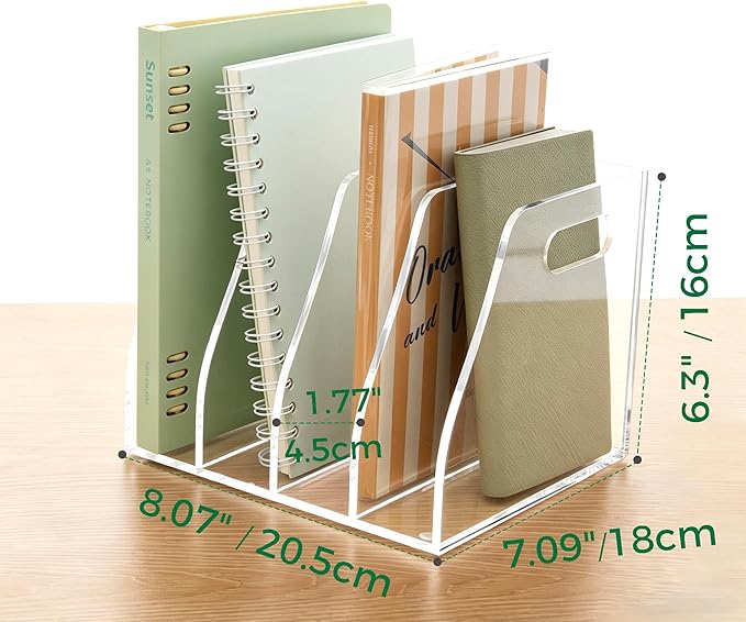 Acrylic File Folder Holder for Desk with Handles, 4-Slot Clear Desk Organizers and Accessories, Vertical Magazine File Sorter & Binder Holder, Desktop Book Organizer for Office, School & Home
