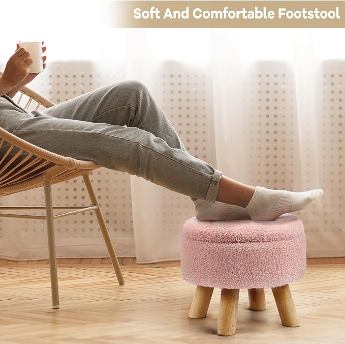 OGEMXU Ottoman Foot Rest, Small Round Ottoman with Storage, Boucle Teddy Velvet Footstool with Wood Legs, Soft Sponge Storage Ottoman for Living Room, Bedroom, Couch, Enterway (Pink)