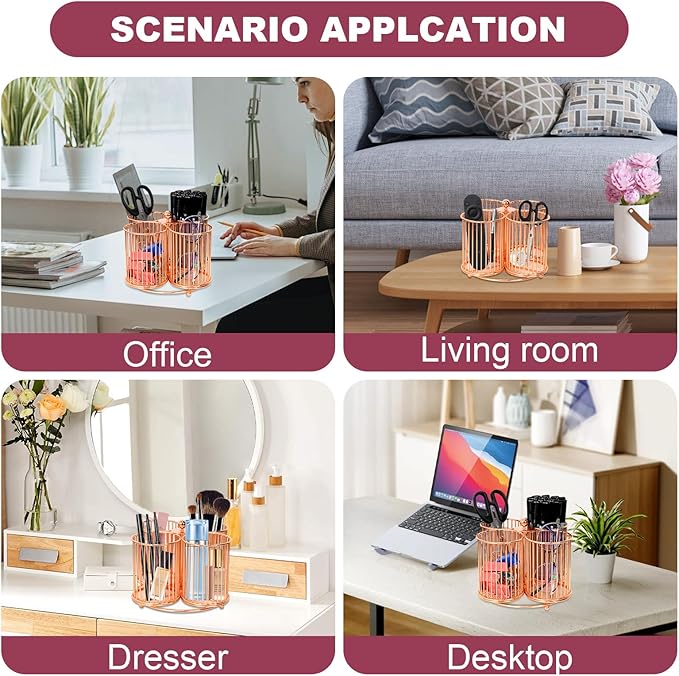 360 Rotating Pen Holder, Large Pencil and Marker Organizer with 4 Slots, Desk Caddy Accessory (Rose Gold)