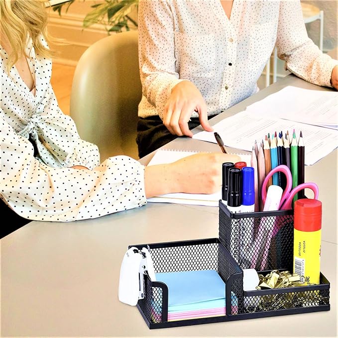 2 Pack 3 in 1 Mesh Pen Holder for Desk, 3 Compartments Pencil Holder Desk Organizer Caddy with Sticky Notes Holder Easy Storage Suitable for Home, Office and School
