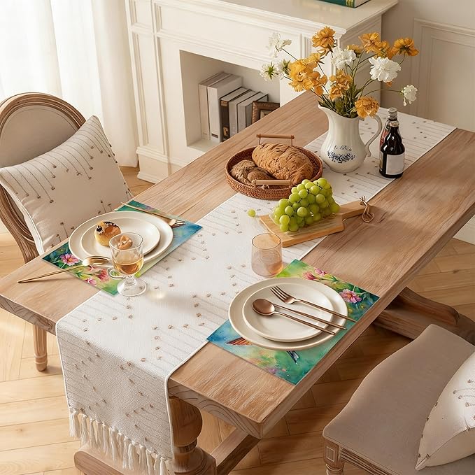 Watercolor Hummingbird Flowers Placemats Set of 6 Linen Table Mats, 12x18 Inch Washable Placemats for Dining Table, Non Slip Heat Resistant Mats for Kitchen Home Decor