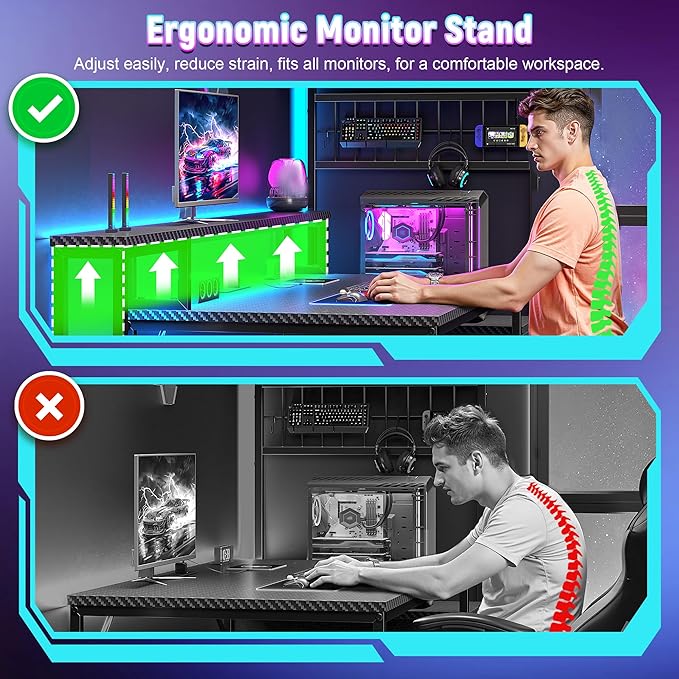 DurayLoly 63" Gaming Desk with LED Lights & Outlets,Computer Desk with Drawers & Monitor Stand,Gaming Table with 3 Storage Shelves, Hooks& Printer Space for Game&Study Room,Home Office,Bedroom,Black