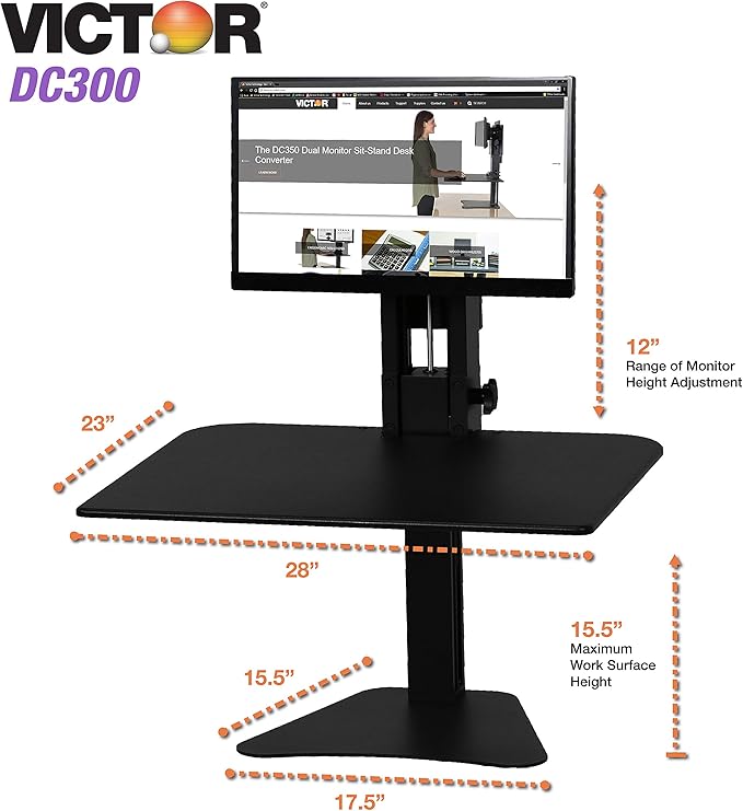Victor High Rise Standing Desk Workstation, 28" X 23" X 10.5" to 15.5", Black