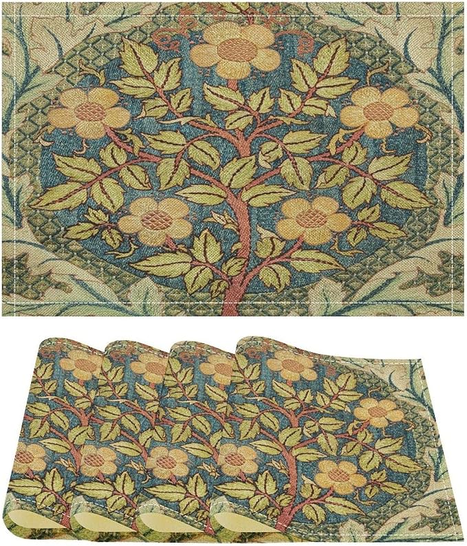 William Morris Floral Placemats Vintage Tree Art Style Boho Chic Retro Tree Linen Washable Table Mats Stain Heat-Resistant Desktop Decor Place Mats for Home Kitchen Dining Party 12x18 in 6 Pcs