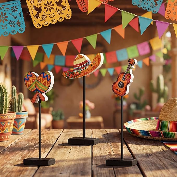 Smile Cinco De Mayo Tabletop Standing Wooden Decor Mexican Fiesta Figures (Sombrero, Guitar, Maraca) with Wooden Base & Sticks for Tiered Tray & Party Display