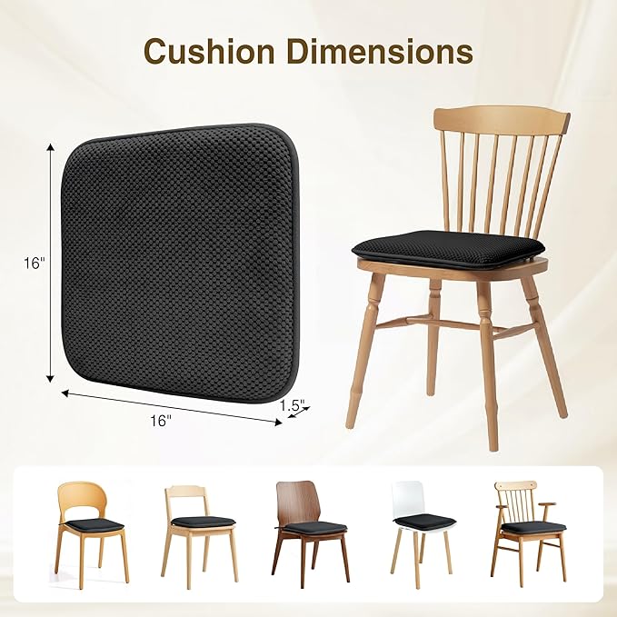 puredown® Chair Cushions for Dining Chairs, Set of 4 Memory Foam Seat Cushions with Ties & Non-Slip Backing, 16" x 16" x 1.5", Comfortable & Supportive Dining Chair Pads for Kitchen, Black