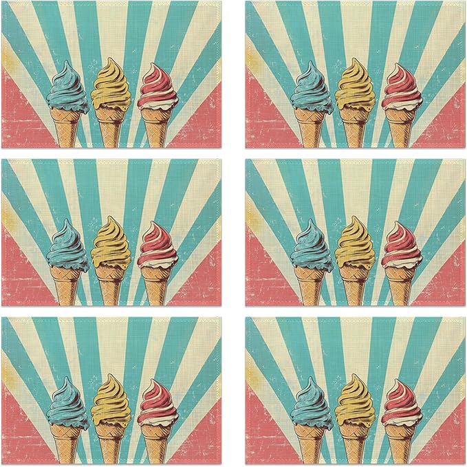 Vintage Ice Cream Table Placemats Set of 6, Linen Placemats 12x18 Inch, Washable Non Slip Heat Resistant Mats for Dining Table Kitchen Indoor Use