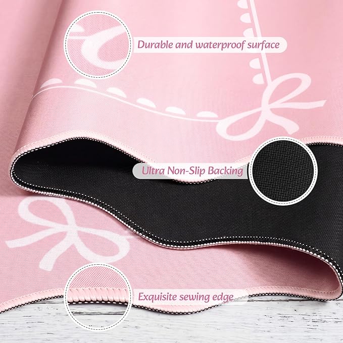 Scalloped Bow Desk Mat Cute Coquette Large Mouse Pad Kawaii Cottagecore ‌Vintage‌ Rustic Keyboard Pad Nonslip 2026 Graduation Gift with Stitching Waterproof Gaming(Pink)