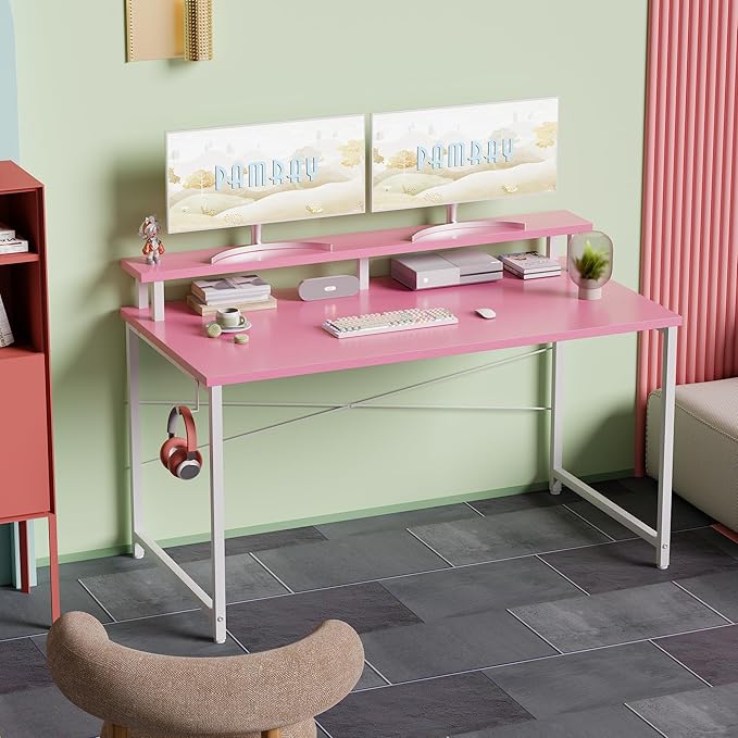 Pamray 47 Inch Small Computer Desk with Monitor Stand, Simple Office Desk with Headphone Hook for Small Spaces, Kids Study Writing Table for Bedroom, Pink