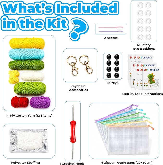 Crochet Kits for Begainners – 6 pcs Animal Amigurumi Set, 6 pcs Zipper Bag, Beginner Crochet Starter Pack for Adults & Kids, Learn to DIY Craft Stitch with Yarn, Hooks, Stuffing & Paper Instructions