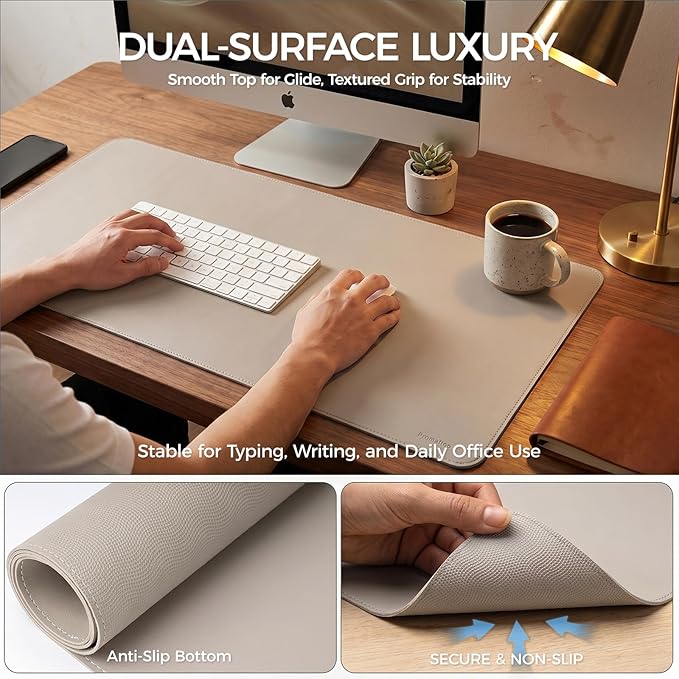Large Desk Pad Non-Slip Desk Mat Protector for Keyboard Mouse Waterproof Vegan Leather Surface Faux Leather Laptop Mat Smooth Mouse Pad Premium Gift Tube Stone Gray 47" x 23"