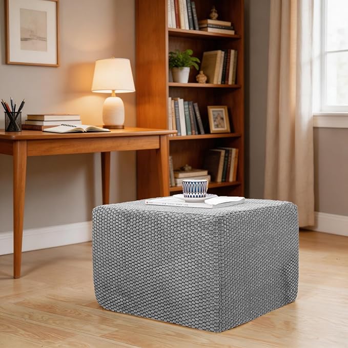 Furry Square Pouf Ottoman – 20"x14" One-Piece Seamless Integral Foam Foot Stool Ottoman Foot Rest Living Room Bedroom Under Desk (Gray)