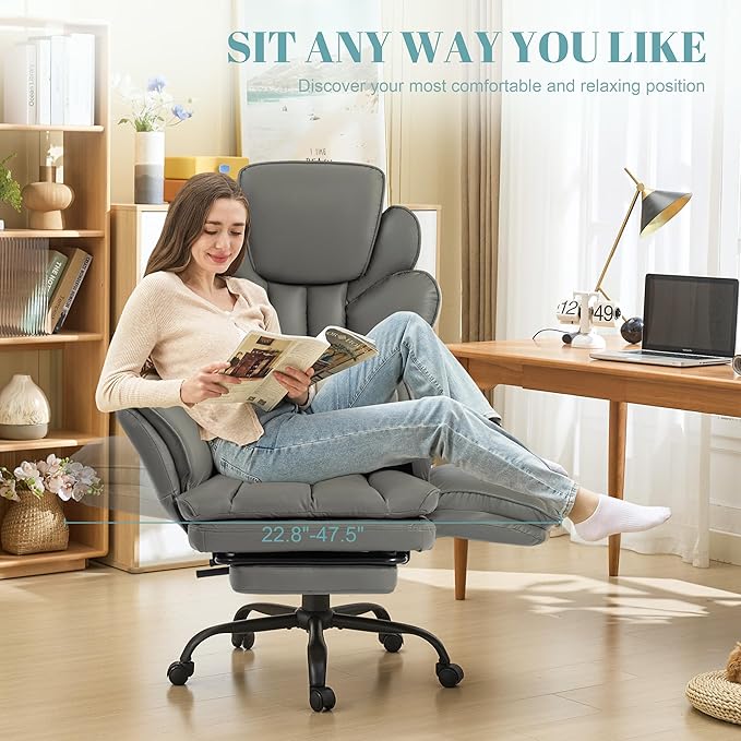 Flip Armrests Criss Cross Office Chair, Reclining Office Chair with Foot Rest, Adjustable Headrest, Massage Waist Pillow, Cross Legged Big and Tall Desk Chair Wide Seat Vanity Chair, PU Leather Grey