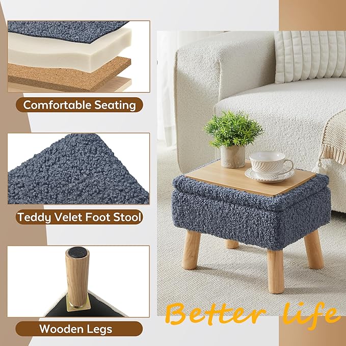 Storage Ottoman, Small Foot Stool Ottoman with Storage, Teddy Velvet Foot Rest with Wood Legs, Footstool for Living Room, Bedroom, Entryway, Blue
