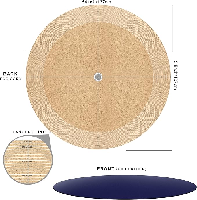 CENNBIE 54 Inches Round Table Pad - Cork & Leather Table Mat - Suitable as Side Dining Coffee Table Cover Protector - Can Be Cut to Fit (42"-54", Blue)