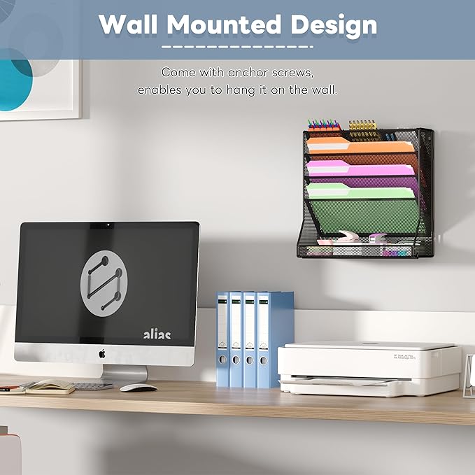 Jakyitvi File Organizer Wall Mounted 5 Tiers, Durable Adjustable Metal Vertical Hanging, Stable R-Shaped Bottom 4 Pull-Out Deviders to Sort File,Mail,Newspaper,Pen, Suitable for Office,Black