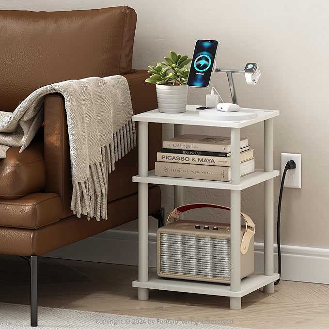 Furinno JUST Side Table, 3-Tier Modern End Table with Charging Station, Easy Assembly Night Stand, Bedside Table with USB and Type-C Port, for Living Room, Bedroom, White