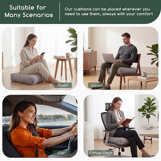 HIGOGOGO Tufted Corduroy Recliner Seat Cushion for Elderly, 20x20x5 Inch Large Square Seat Cushion for Recliner Chair, Floor Pillow, Office Chair, Car, No Pressure on Thighs, Grey