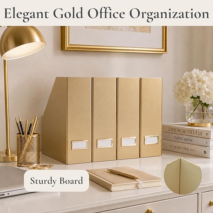 BLU MONACO | Gold Cardboard Magazine File Holder Set of 4 | Vertical Magazine File Holder for Shelves | Standing File Holder Desk Organizer