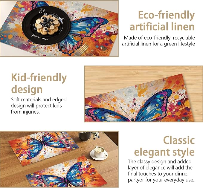 Colorful Butterfly Placemats Set of 6 Linen Table Mats, 12x18 Inch Washable Placemats for Dining Table, Non Slip Heat Resistant Mats for Kitchen Home Decor