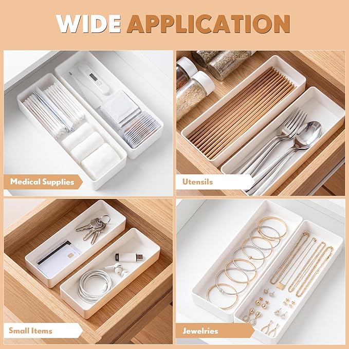 Teling 2 Pcs White Large Rectangular Desk Organizer Set, Half Accessory Tray, Plastic Tabletop Organizer for Office, Home, or Study, Dimensions: 9.45 x 2.95 x 1.38 Inches