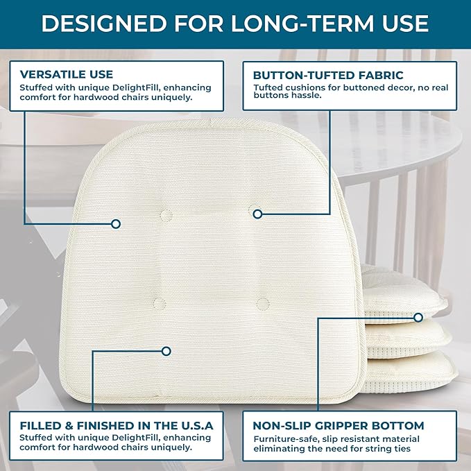 Non-Slip Chair Cushions, Assembled in USA, U-Shaped Skid-Proof Seat Pads for Dining Room, Kitchen, Office, 15"x16"