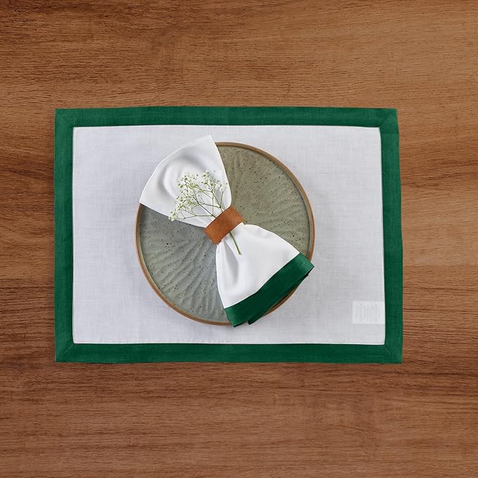 Solino Home Linen Cloth Placemats Set of 4-100% Pure Linen Rainforest and White Placemats 14 x 19 Inch - Classic, Handcrafted and Machine Washable
