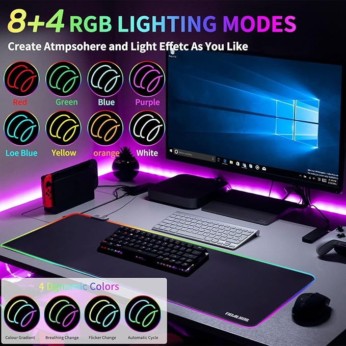 TIDALSOIL RGB Gaming Mouse Pad, 31.5 x 11.8 Inch Oversized Mouse Mat with 12 Light Modes, Non-Slip Rubber Base, Large Keyboard Pad for PC Gaming, Office, Black