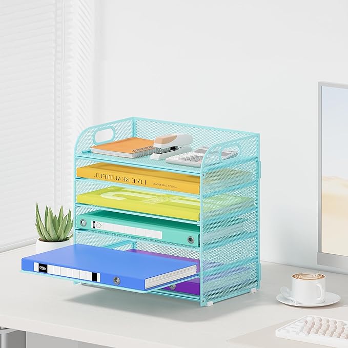 Cawukege 6 Tier Paper Organizer, Letter Tray with Handle, Mesh Desk Organizer, Metal File Organizer, Office Desk Accessories for Home, Office, Classroom, School -Blue