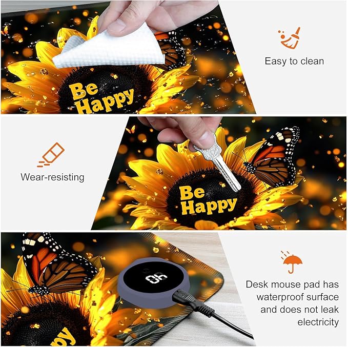 Heated Mouse Pad,Warm Desk Pad with 3 Levels Heating & 3 Hours Auto Shut-Off, PU Leather Heated Desk Pad Warmer Pad for Home Office - 23.6 x 14.2 inch,Luminous Sunflower Butterfly