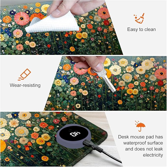 Heated Mouse Pad,Warm Desk Pad with 3 Levels Heating & 3 Hours Auto Shut-Off, PU Leather Heated Desk Pad Warmer Pad for Home Office - 23.6 x 14.2 inch,Wildflowers
