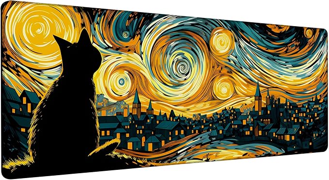 Large Gaming Mouse Pad Yellow Starry Night Cat Desk Mat,Non-Slip Rubber Base Stitched Edges,Extended Mousepad for PC,Laptop,Office,Home Decor(31.5 x 11.8 Inch)
