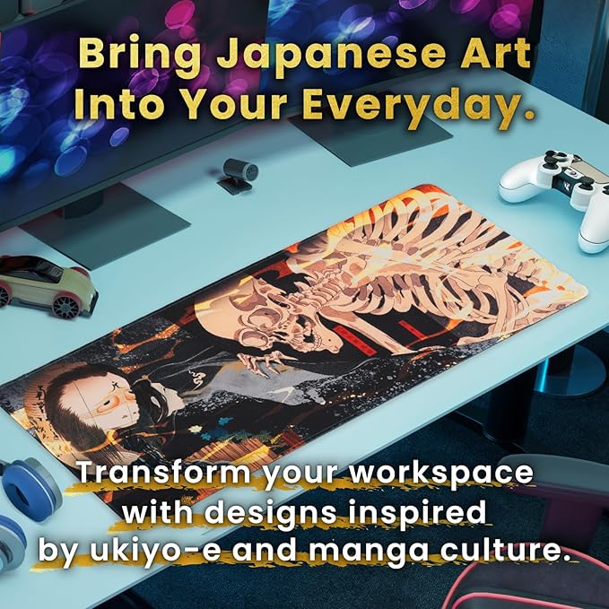BELLEMOND Japanese Art Desk Mat | Large 31.5x11.8in Anime Mouse Pad for Keyboard & Mouse | Non-Slip Base, Water-Repellent | Original Japanese Design | Yokai Rising
