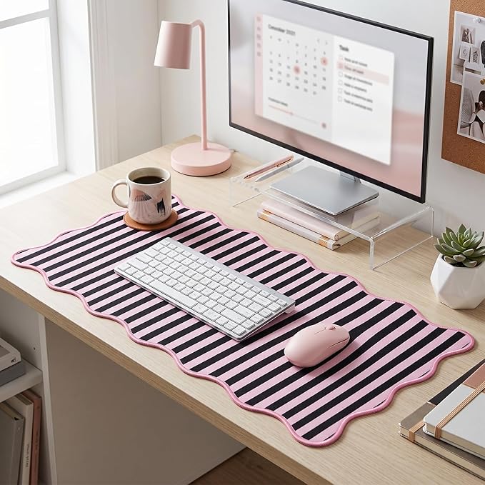 Scalloped Desk Mat with Gel Wrist Rest for Keyboard and Mouse Extended Cute Pink Black Mouse Pad XXL Striped Mousepad Stripe Desk Pad Mouse Wrist Support forComputer Laptop Home Office 31.5X15.7Inch