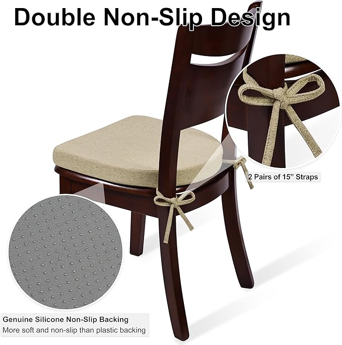 Shinnwa Dining Chair Cushions Set of 2, Non-Slip Kitchen Chair Cushions with Ties and Machine Washable Cover, 2 Pack, 17 x 16.5 x 2in, Natural Linen