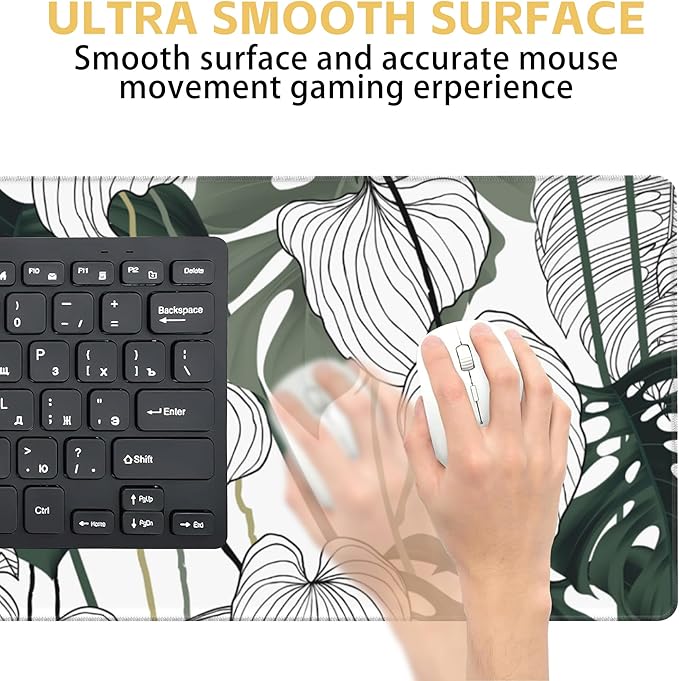 Tropical Leaf Extended Large Gaming Mouse Pad Split Leaf Philodendron Plant XXL Mousepad Desk Pad Mat for Keyboard and Mouse, Non Slip Rubber Base Mousepad with Stitched Edges, 31.5 x 15.8 in