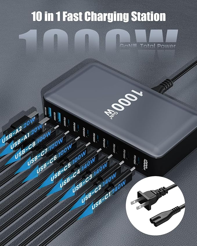 USB C Charger 1000W USB C Charger Block,Upgraded GaN IV 10-Port Charging Station Hub,Travel Essentials 140W Fast Charging Laptop Adapter for MacBook Pro/Air,DELL,Steam Deck,iPhone 17/16,Galaxy S25/24