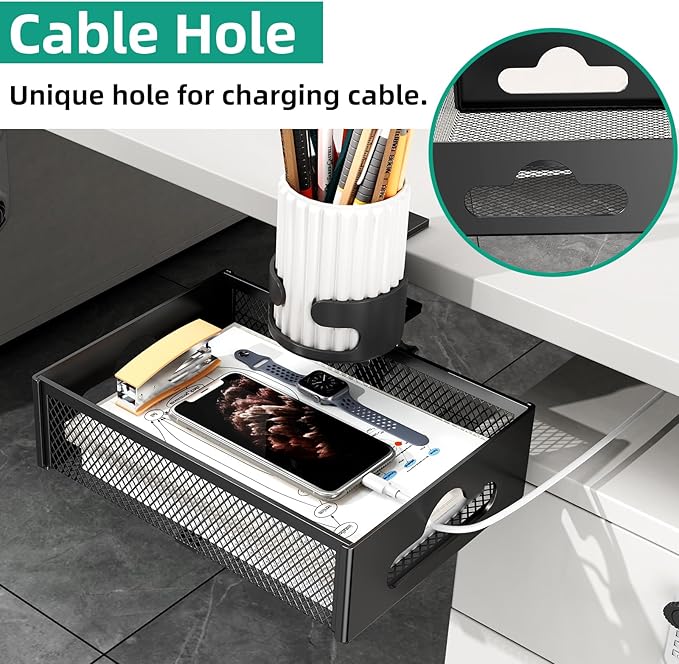 CABTE Desk Cup Holder with Drawer Organizer, Anti-Spill Clip-On Table Cup Hook with 360° Rotation Hidden Storage Box for Office Home Gaming Table (Black)