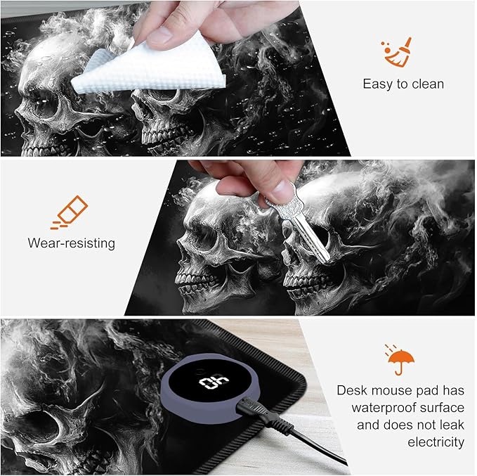 Heated Mouse Pad,Warm Desk Pad with 3 Levels Heating & 3 Hours Auto Shut-Off, PU Leather Heated Desk Pad Warmer Pad for Home Office - 31.5 x 13 inch,Smoke Skull