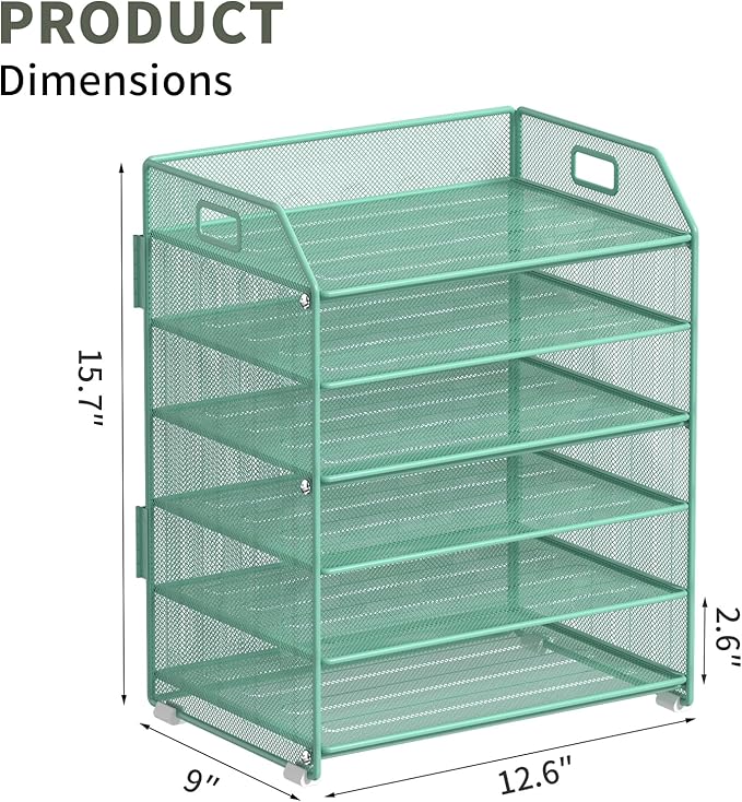 6 Trays Paper Organizer Letter Tray with Pull-Out Drawer, Assembled Mesh Desk File Holder, Metal Paper Sorter for Office Documents, Green