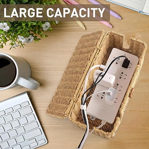 2 Pcs Rattan Cable Management Box, Large Cord Organizer Box with Lid Under Desk Router Hider with 4 Exits, Wire Boxes Hider for TV Wires Computer Surge Protector USB Hub Power Strip(Natural)