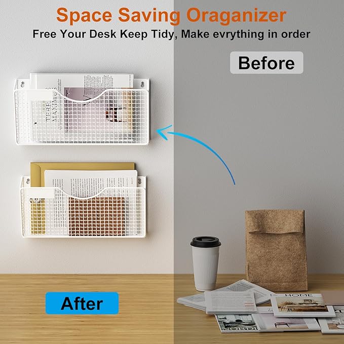 MFTEK Magnetic File Holder, 3 Pockets Wall File Folders Holder No Drilling Magnetic Paper Mail Organizer Magazine Basket, Hanging Storage Rack for Fridge Cabinets Office Classroom(White)