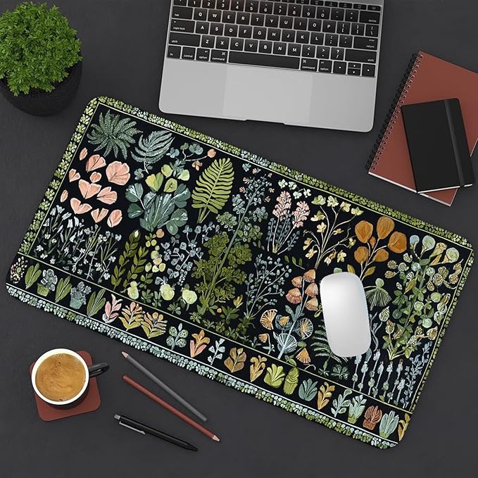 Desk Mat Large Mouse Pad, Non-Slip PU Leather Gaming Mousepad Keyboard Mouse Mats Desk Pads 23.6"x11.8" for Work Office Decor Gifts Black Plants