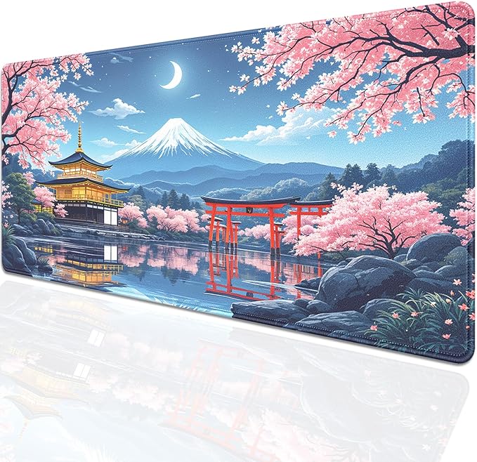 Cherry Blossom Large Mouse Pad Desk Pad, 27.5x11.8in Mount Fuji Keyboard Mouse Mat with Stitched Edges, Waterproof Non-Slip Rubber Base for Office Laptop Computer Home