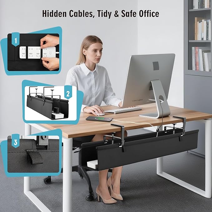No Drill Large Under Desk Cable Management Tray, Fabric Cord Hider for Wire Organizer, Clamp/Screw Mount Cord Organizer, Standing Desk Cable Management for Office Home (Large (36 Inch))